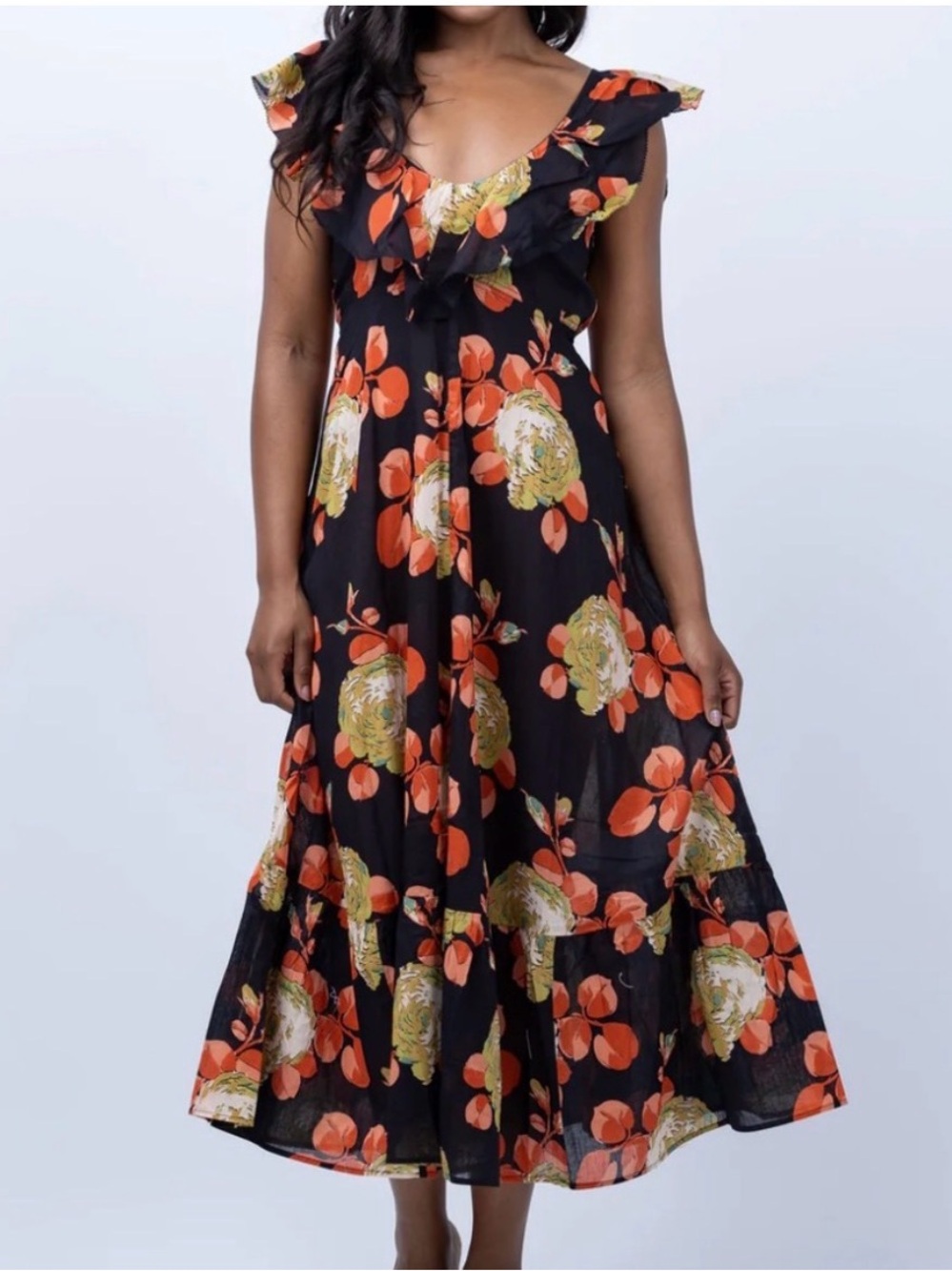 The Great. Geranium black cabbage rose floral ruffle midi womens dress 1 s small
